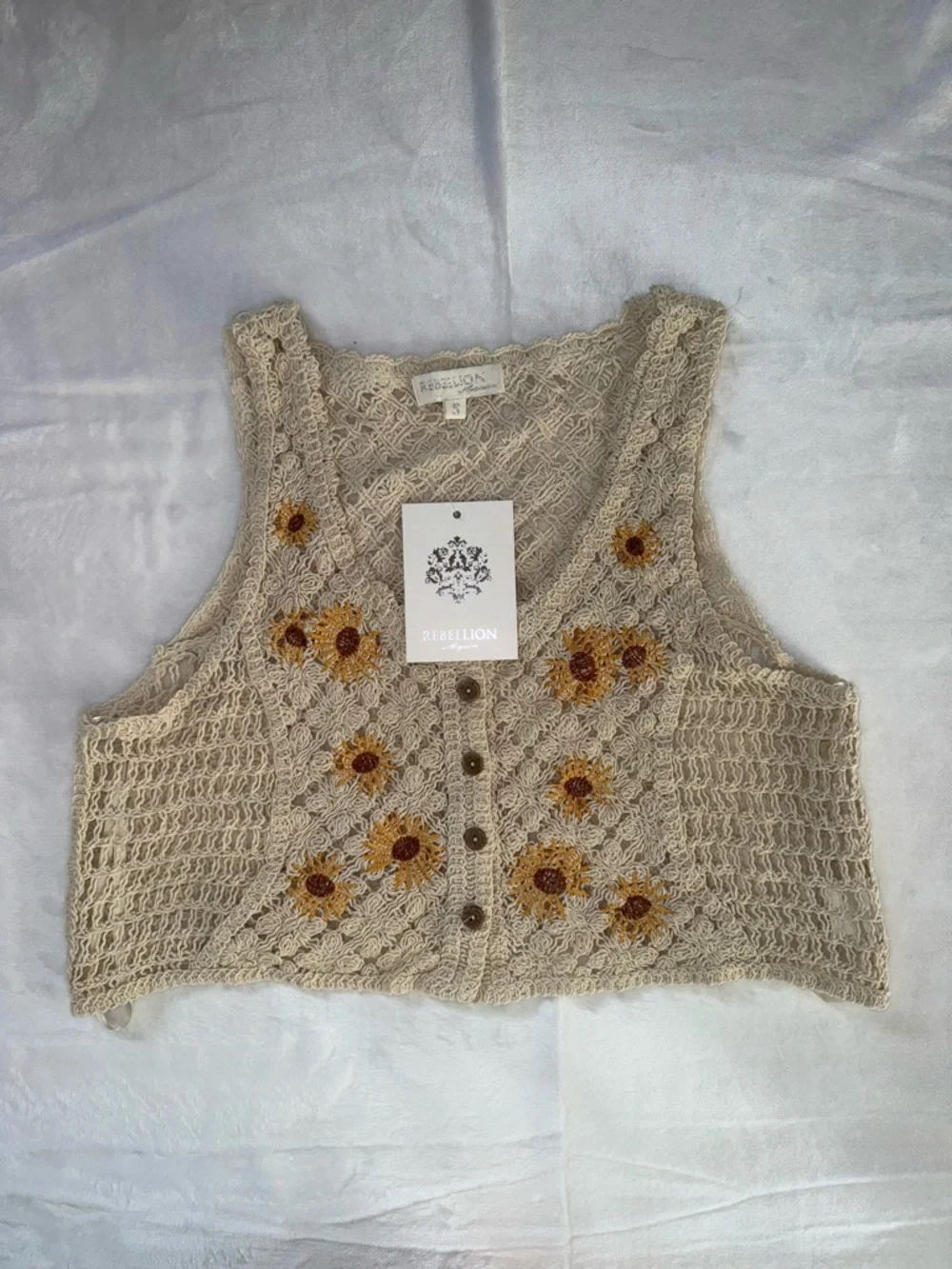 Rebellion Again Women Size S Vest Knit Embroidered Floral Cotton New Sleeveless - Picture 2 of 8